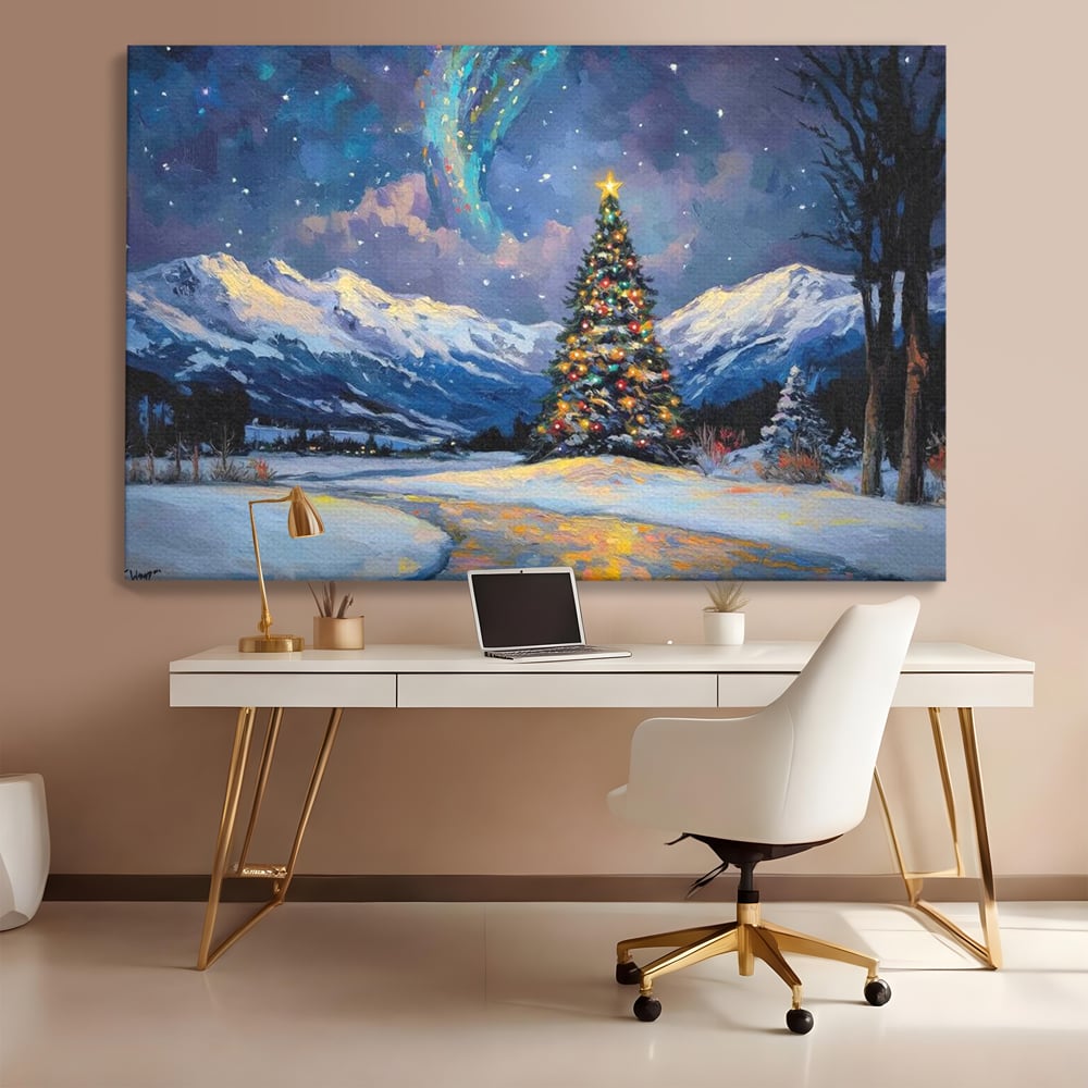 Tablou canvas cu tablou canvas cu brad impodobit noaptea, fara rama, pe sasiu de lemn, pe perete intr-un birou